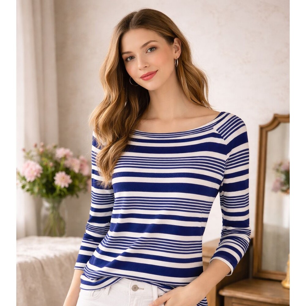 Talbots Women's Plus 2X Blue White Stripe Boat Neck 3/4 Sleeve 100% Cotton Top